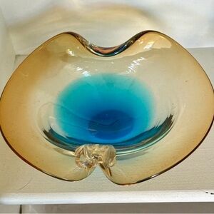 Murano Glass Art Bowl in Blue and Tan